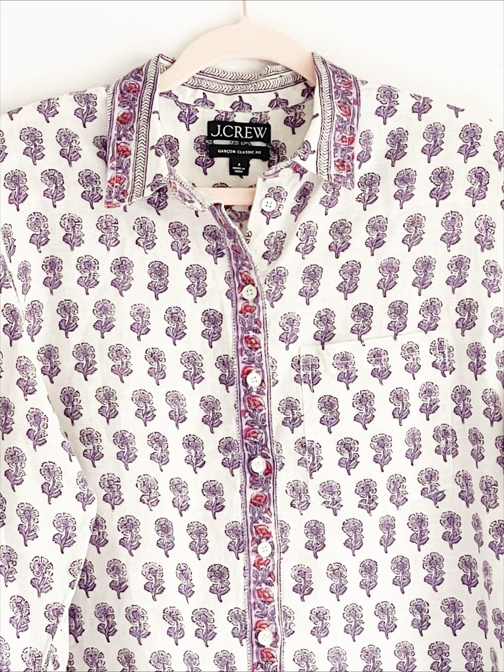 J.Crew Embellished Tropez Shirt Lilac Block Print Ramie Blouse Medium - Picture 6 of 8